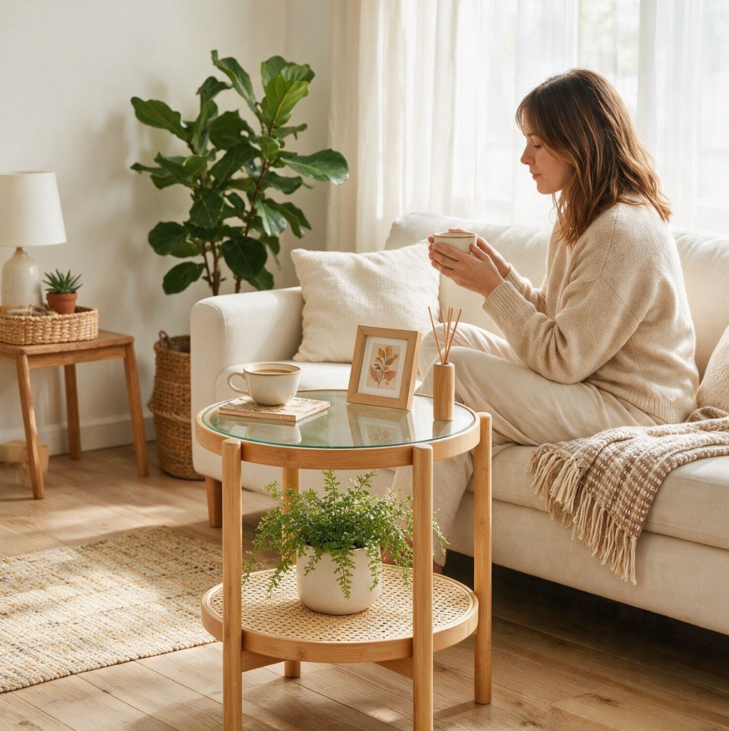 Bamboo Round Glass Coffee Table