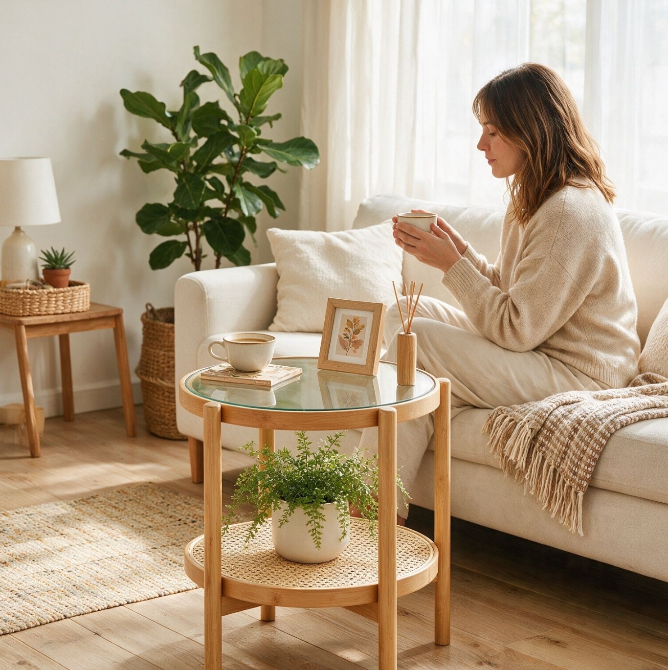 Bamboo Round Glass Coffee Table